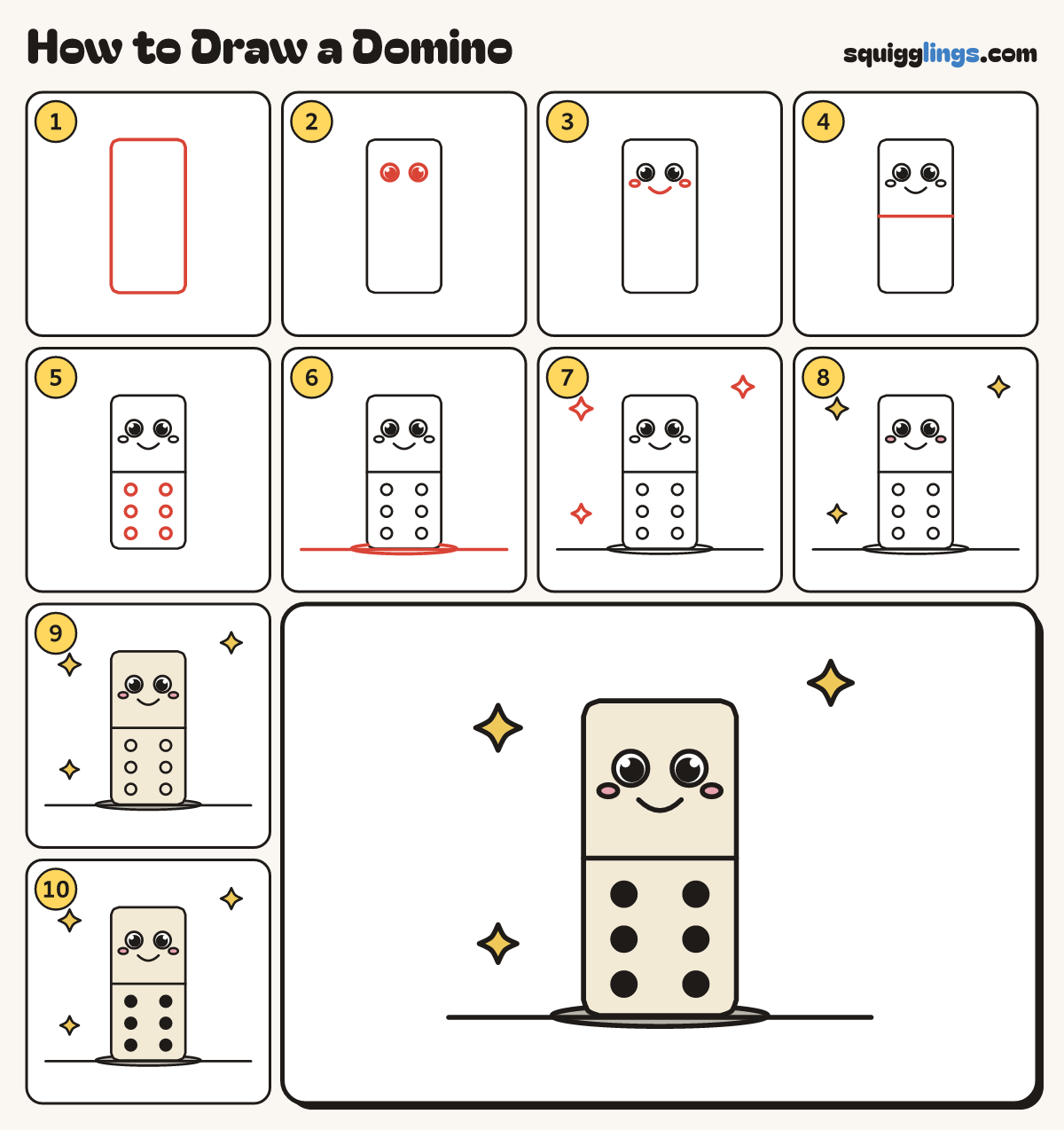 How to Draw a Domino step by step: all 10 steps in one picture