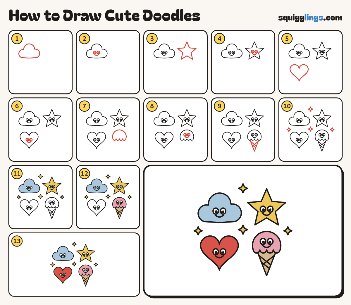 How to Draw Cute Doodles step by step: all 13 steps in one picture