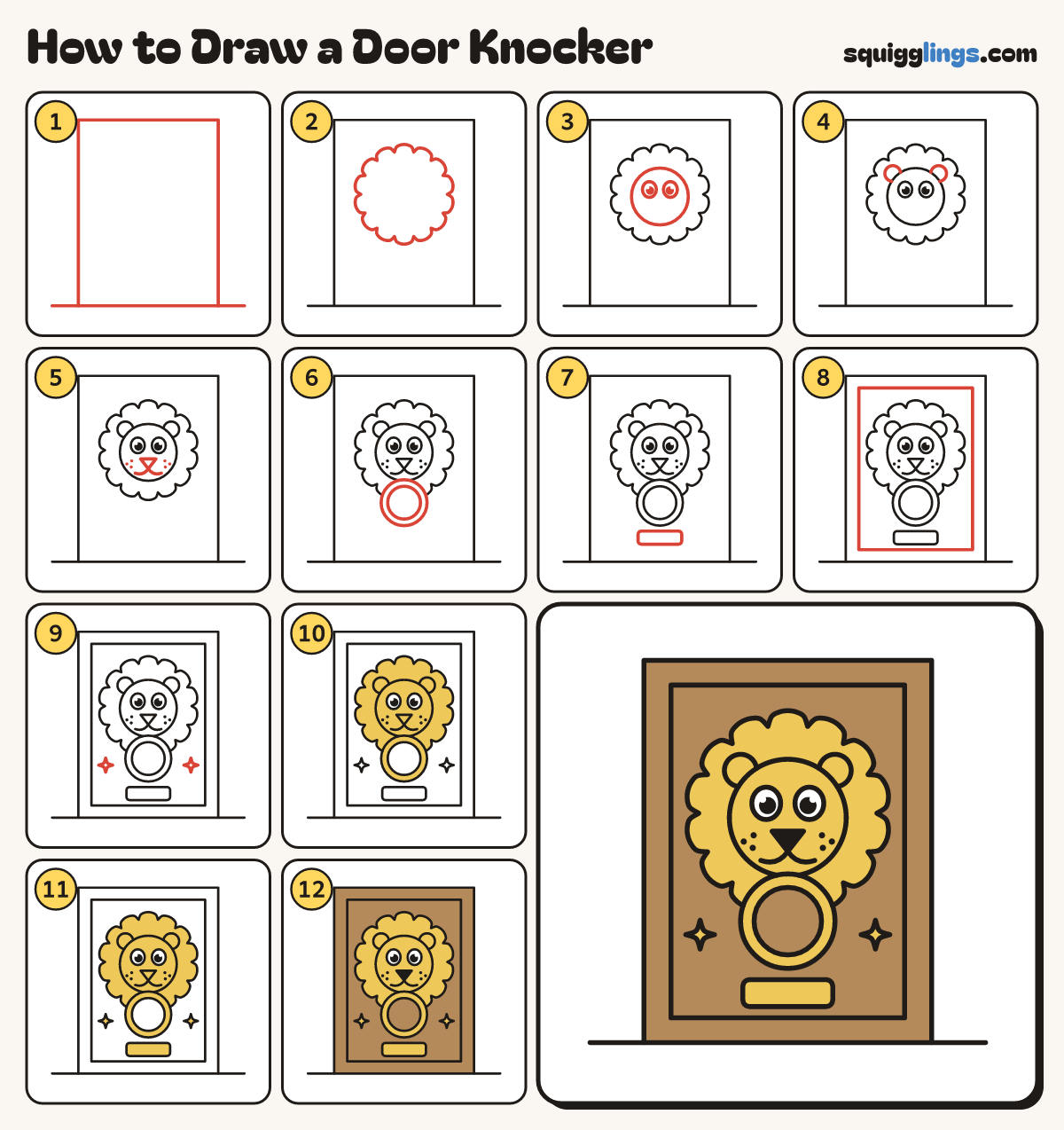 How to Draw a Door Knocker step by step: all 12 steps in one picture