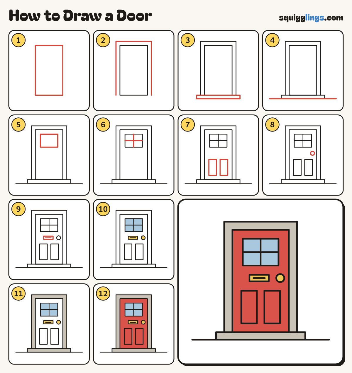 How to Draw a Door step by step: all 12 steps in one picture