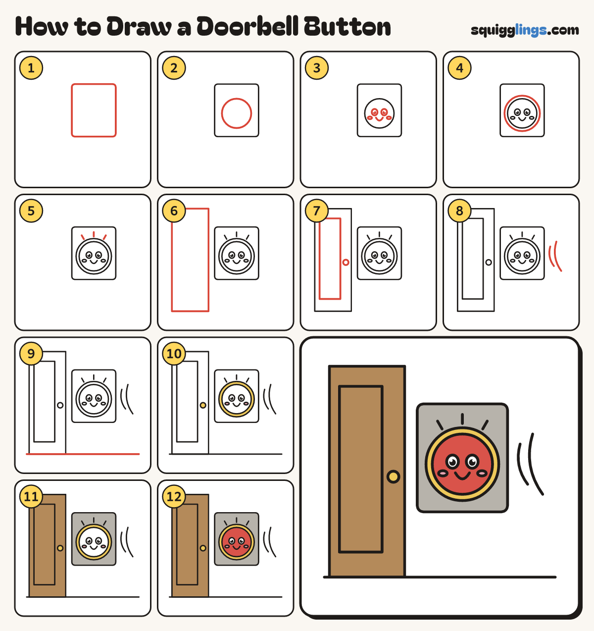 How to Draw a Doorbell Button step by step: all 12 steps in one picture