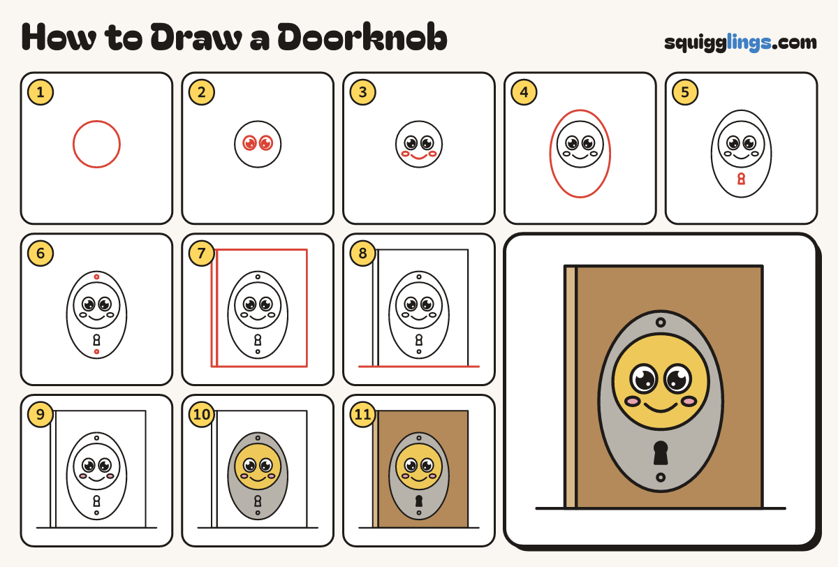 How to Draw a Doorknob step by step: all 11 steps in one picture