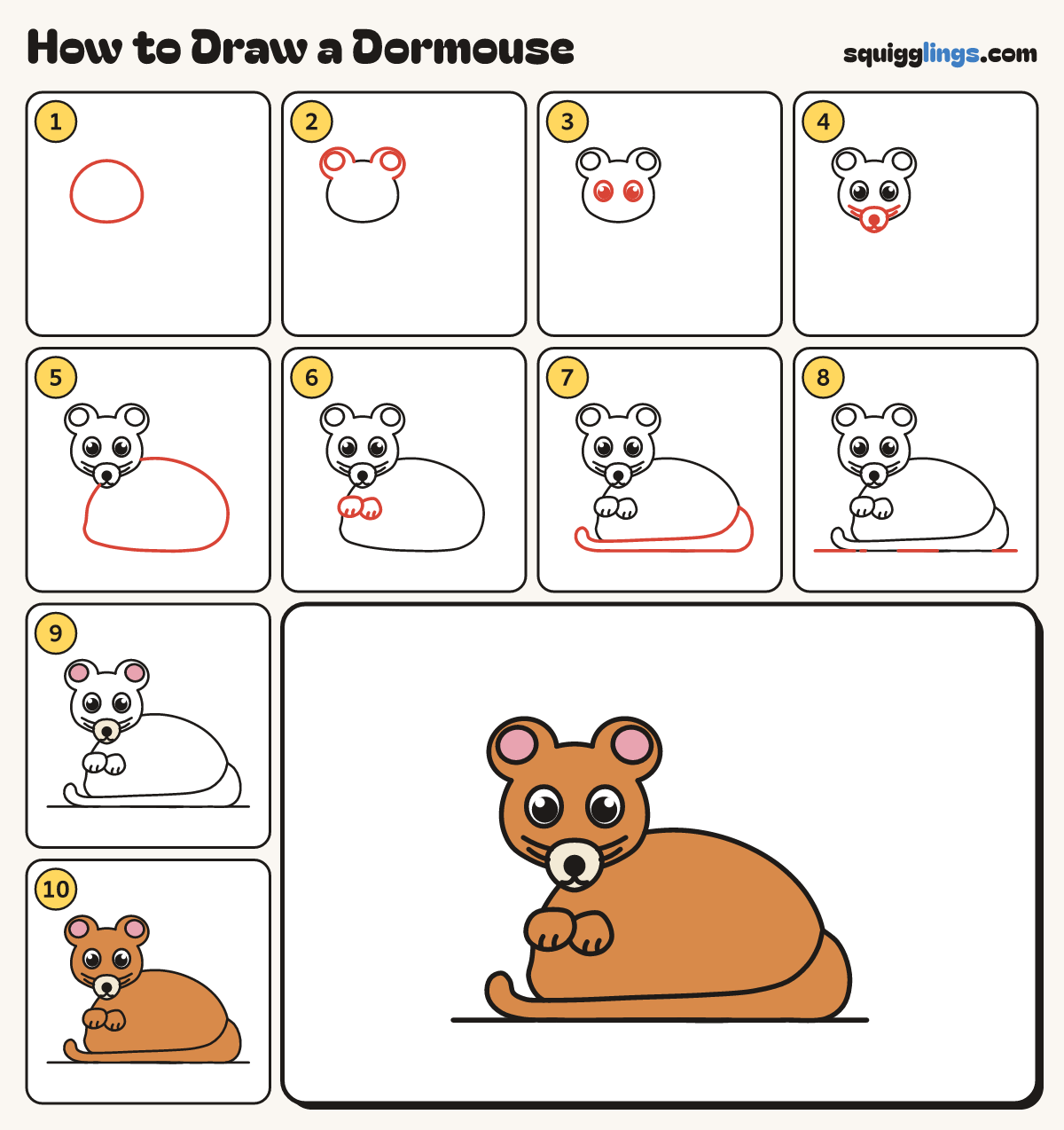 How to Draw a Dormouse step by step: all 10 steps in one picture