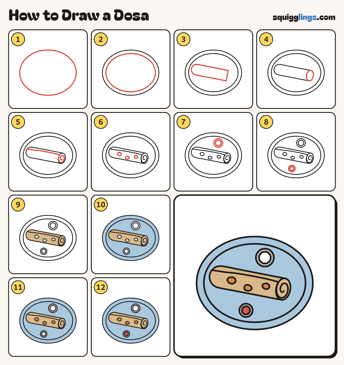 How to Draw a Dosa step by step: all 12 steps in one picture