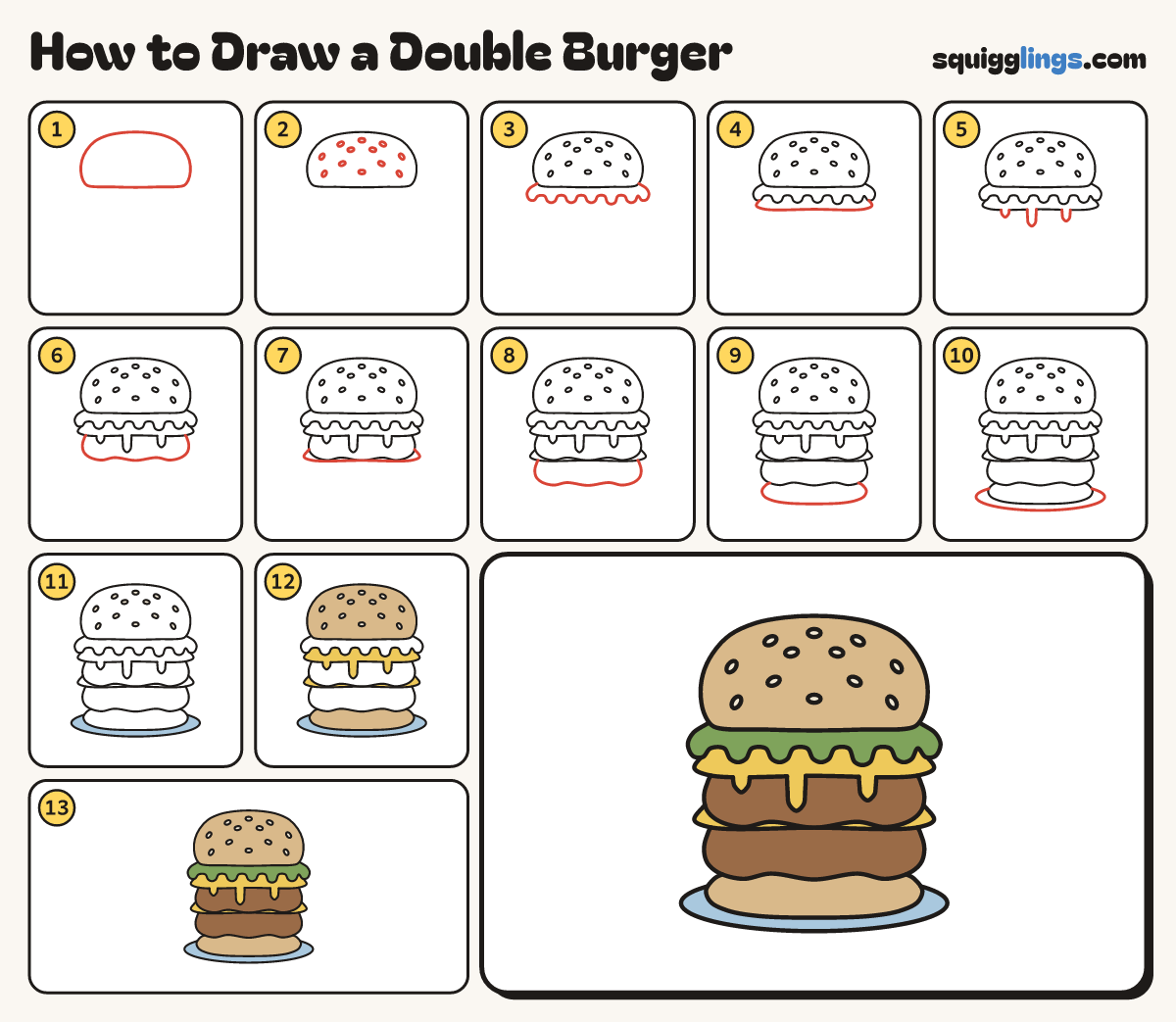 How to Draw a Double Burger step by step: all 13 steps in one picture