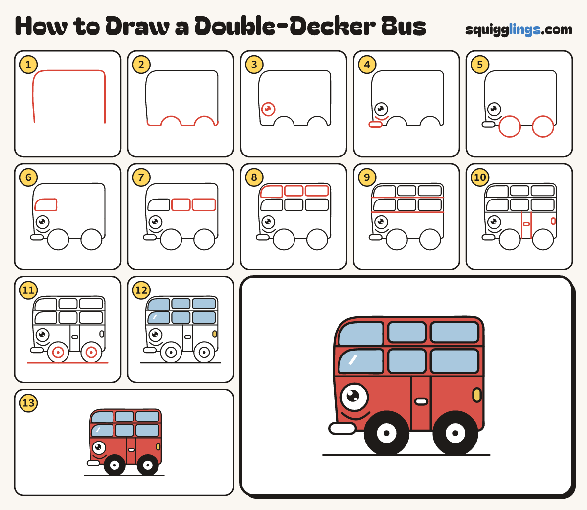 How to Draw a Double-Decker Bus step by step: all 13 steps in one picture