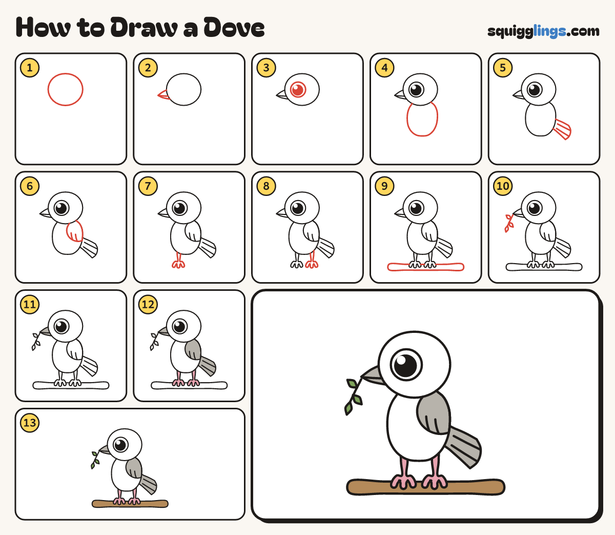 How to Draw a Dove step by step: all 13 steps in one picture