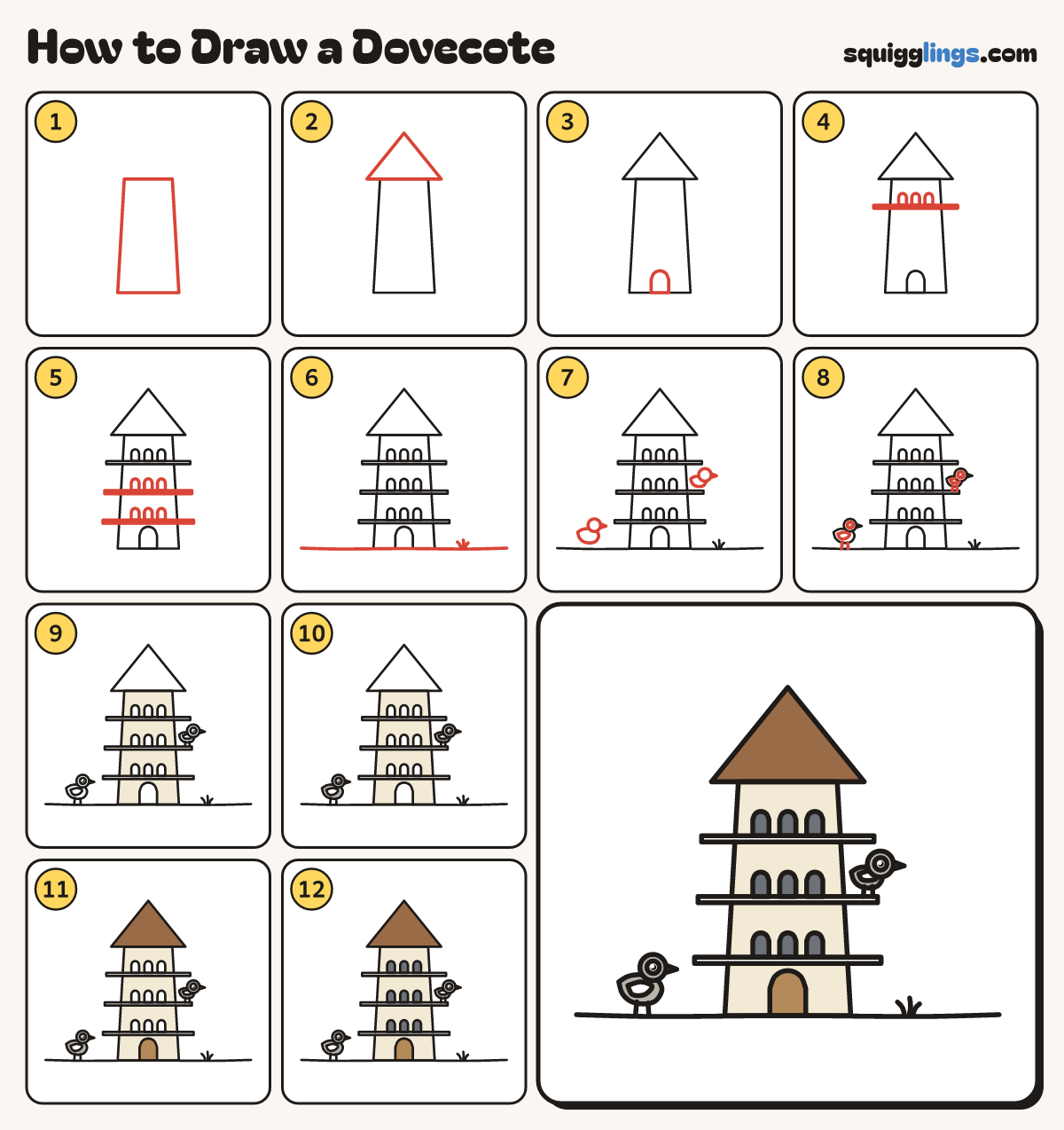 How to Draw a Dovecote step by step: all 12 steps in one picture