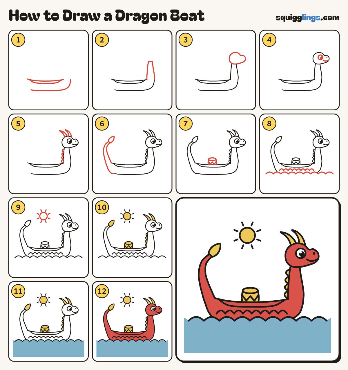How to Draw a Dragon Boat step by step: all 12 steps in one picture