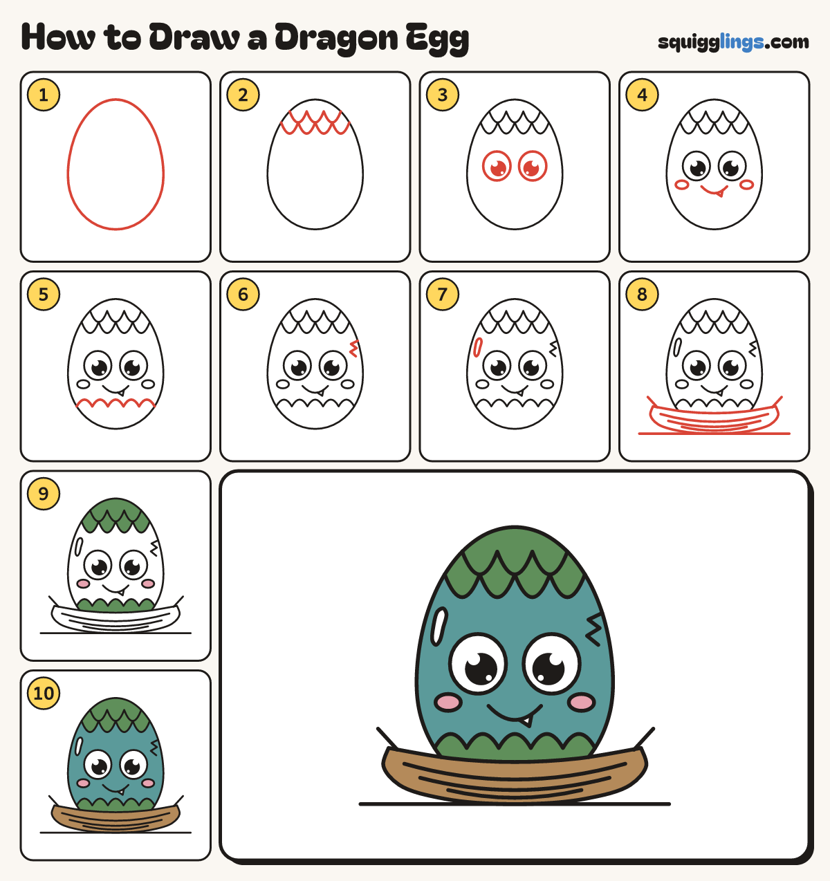 How to Draw a Dragon Egg step by step: all 10 steps in one picture