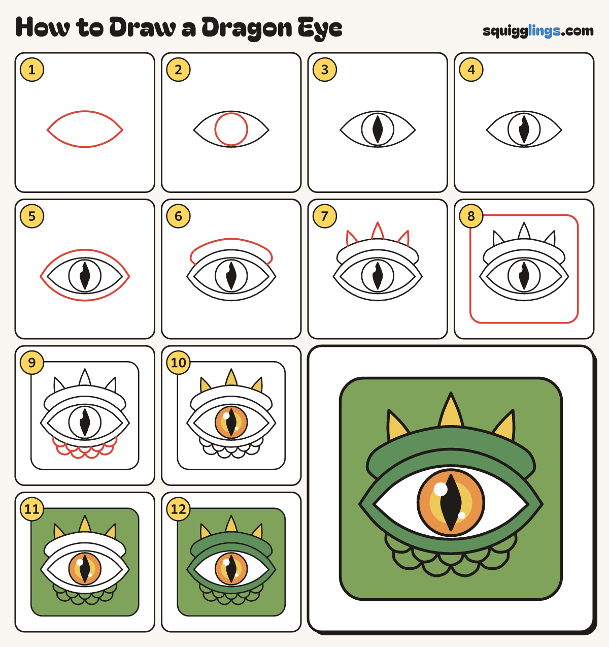 How to Draw a Dragon Eye step by step: all 12 steps in one picture