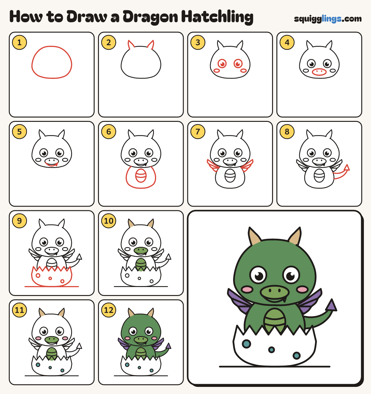 How to Draw a Dragon Hatchling step by step: all 12 steps in one picture