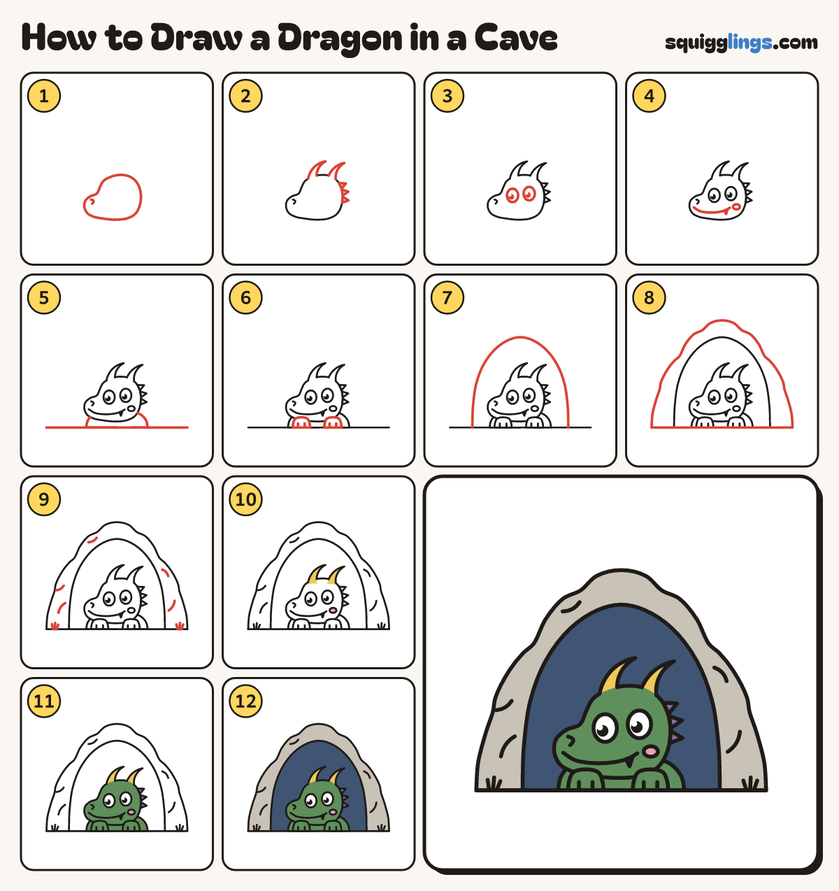 How to Draw a Dragon in a Cave step by step: all 12 steps in one picture