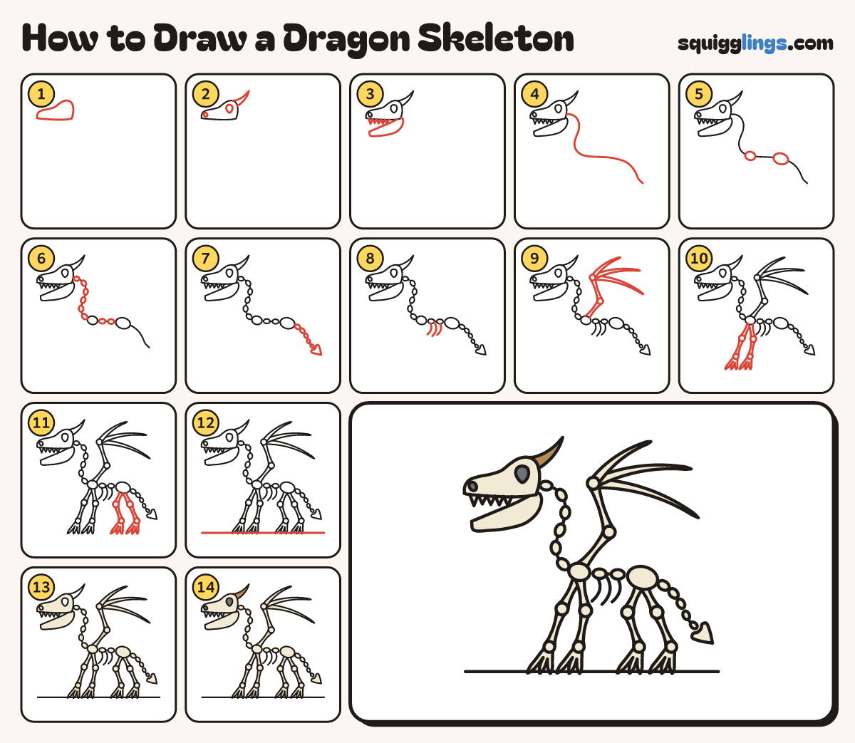 How to Draw a Dragon Skeleton step by step: all 14 steps in one picture