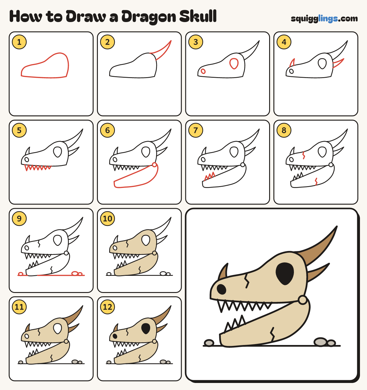 How to Draw a Dragon Skull step by step: all 12 steps in one picture