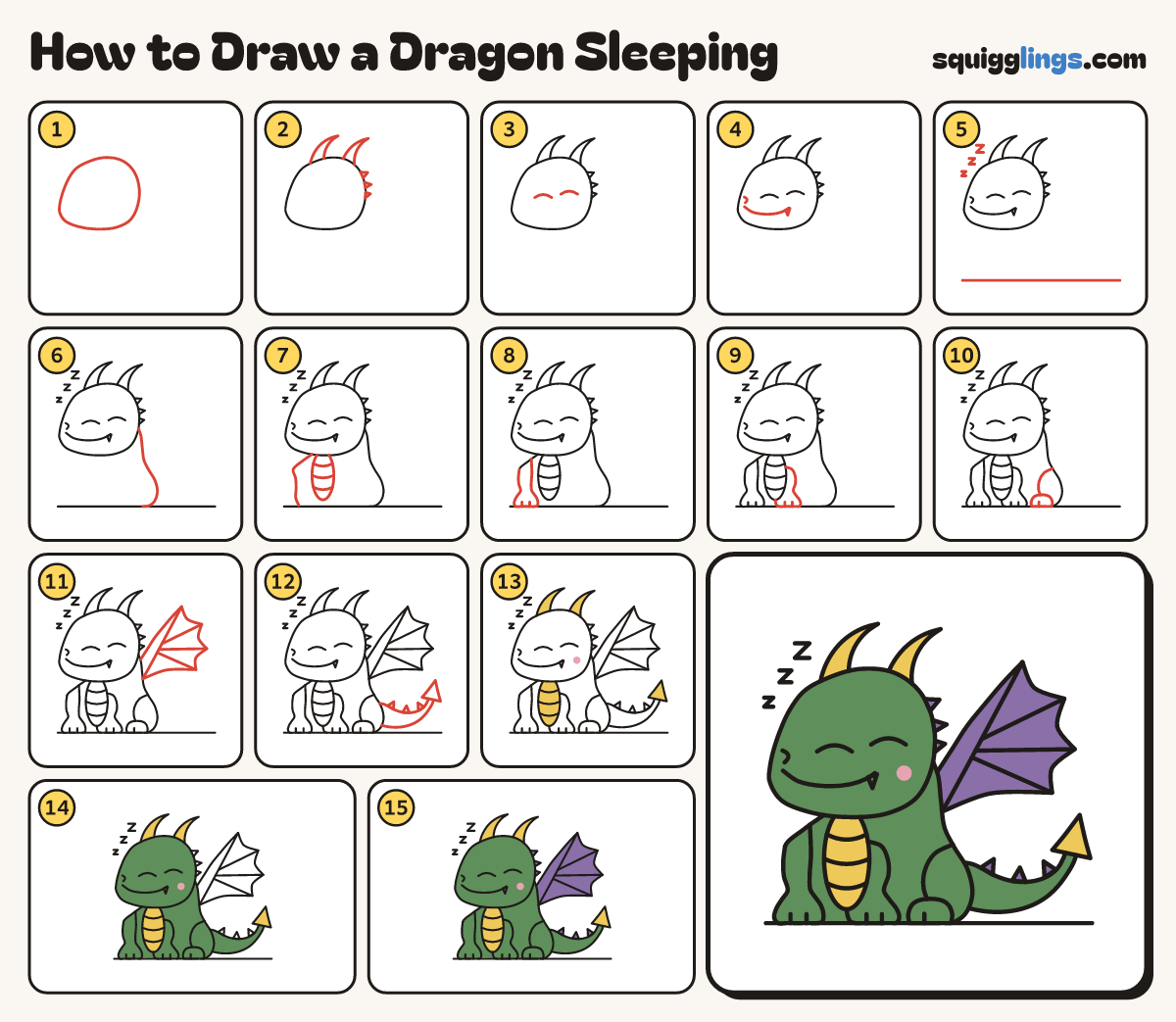How to Draw a Dragon Sleeping step by step: all 15 steps in one picture