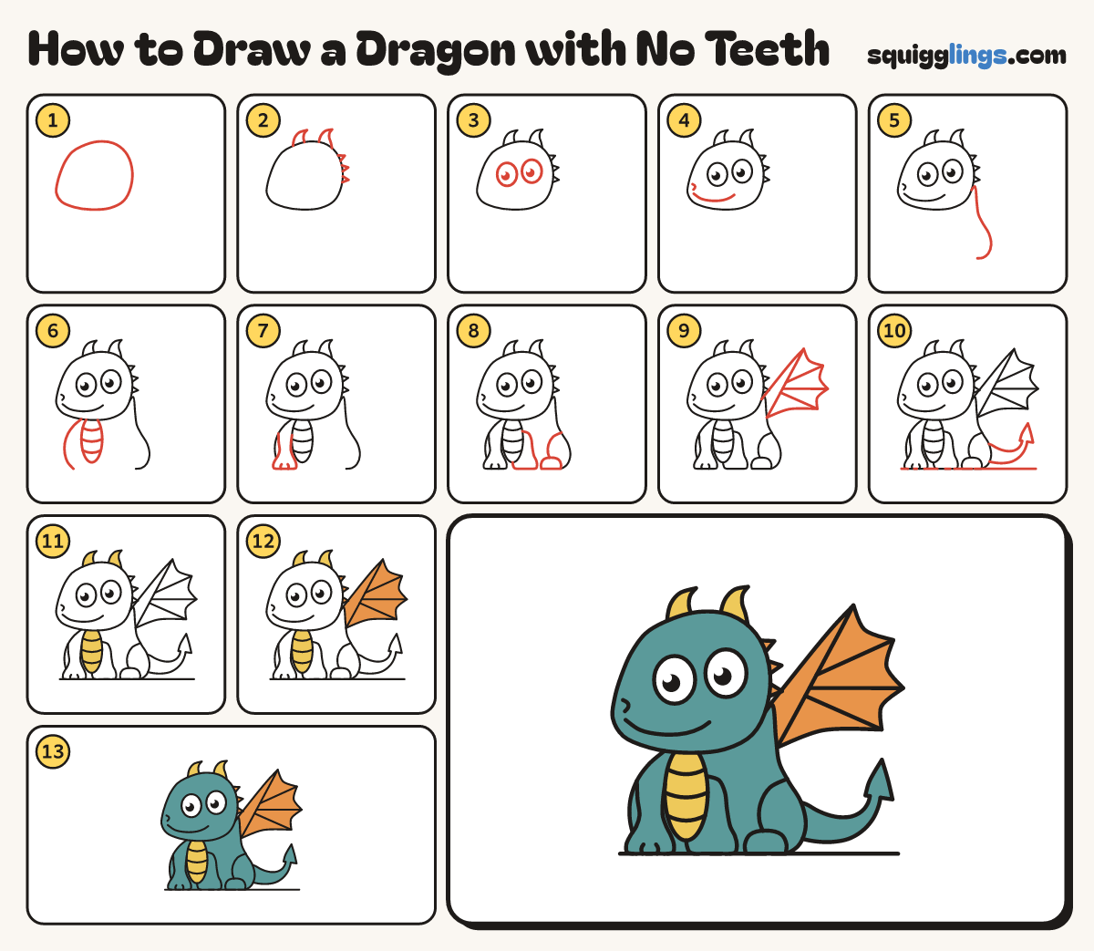 How to Draw a Dragon with No Teeth step by step: all 13 steps in one picture