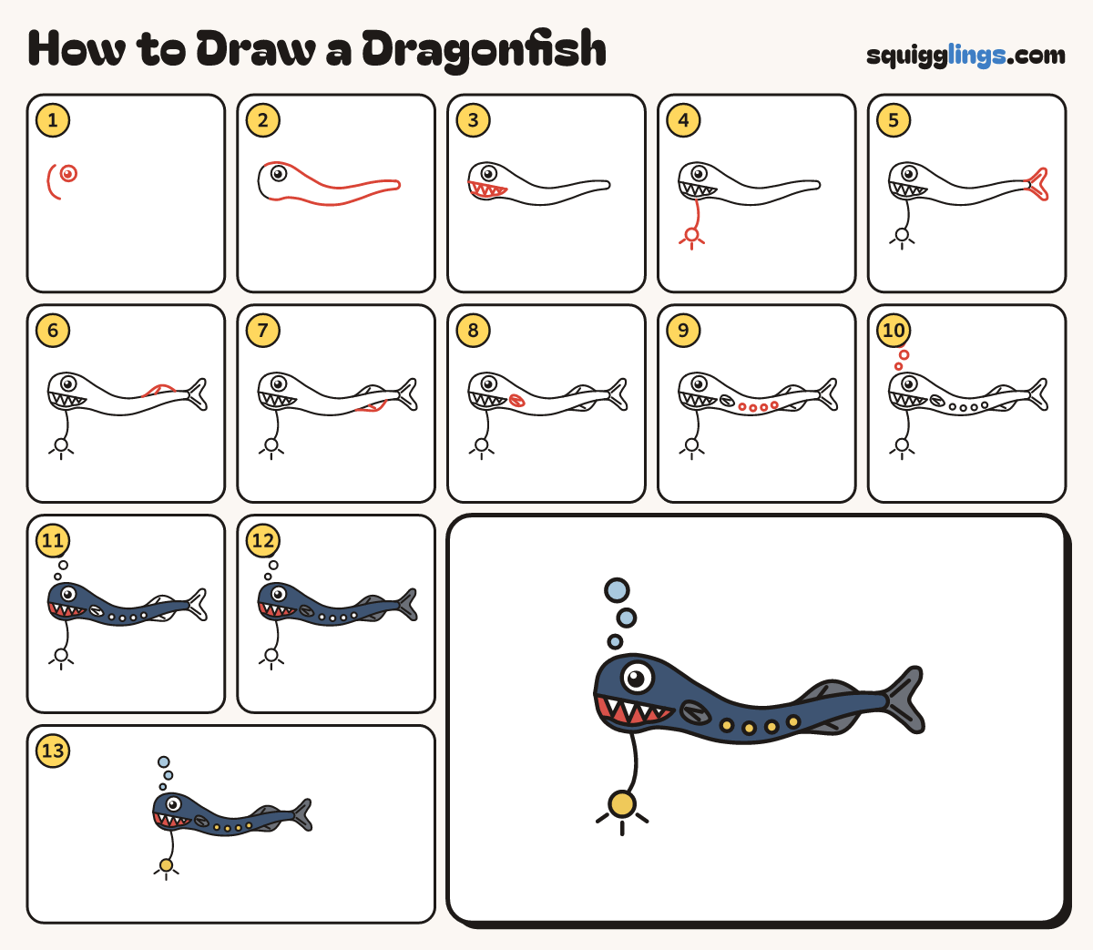 How to Draw a Dragonfish step by step: all 13 steps in one picture