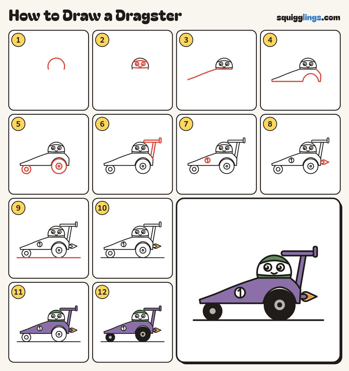 How to Draw a Dragster step by step: all 12 steps in one picture