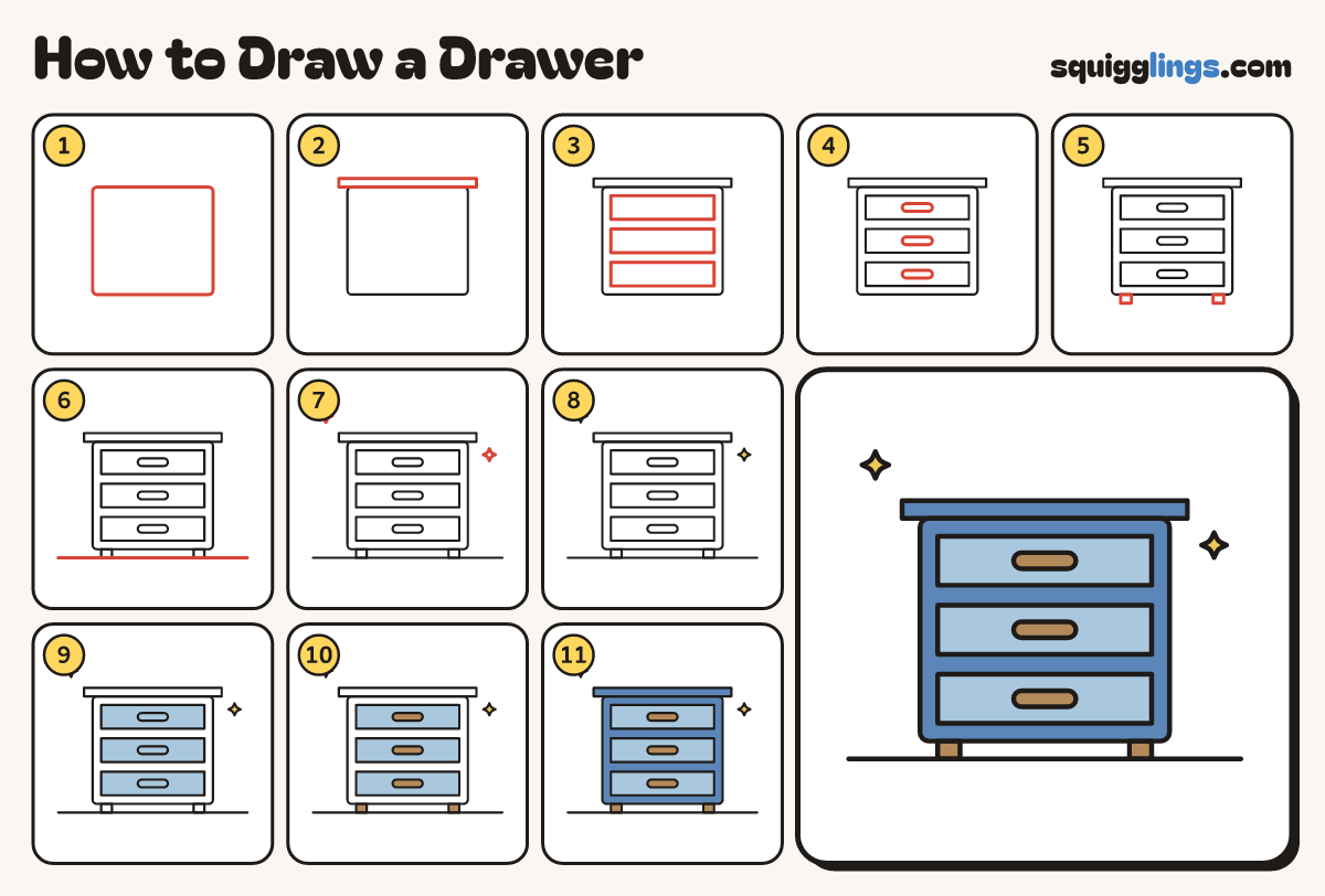 How to Draw a Drawer step by step: all 11 steps in one picture
