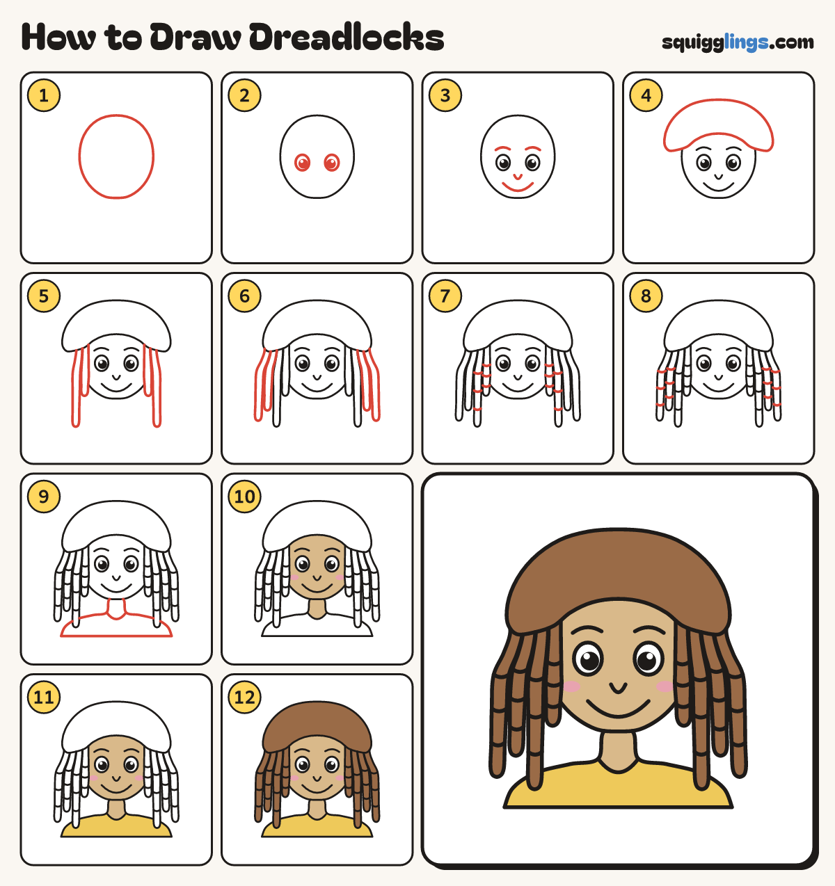 How to Draw Dreadlocks step by step: all 12 steps in one picture