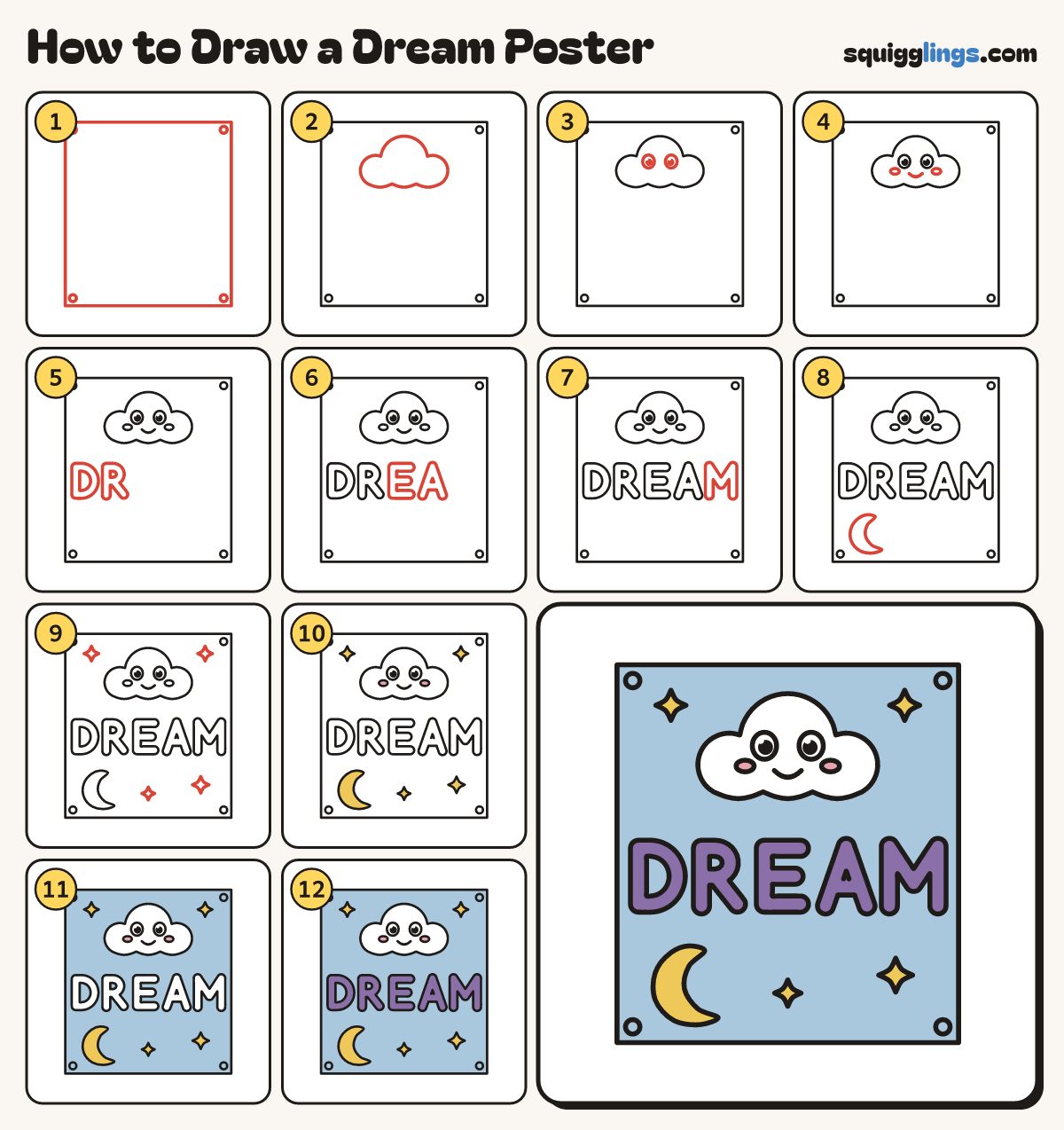 How to Draw a Dream Poster step by step: all 12 steps in one picture
