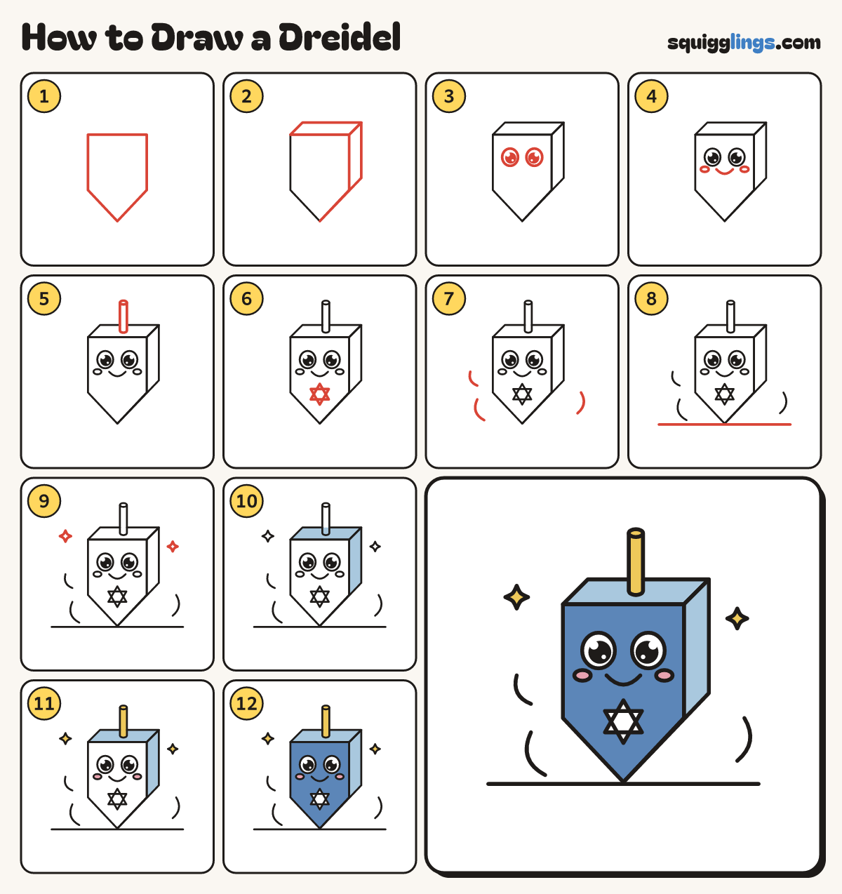 How to Draw a Dreidel step by step: all 12 steps in one picture