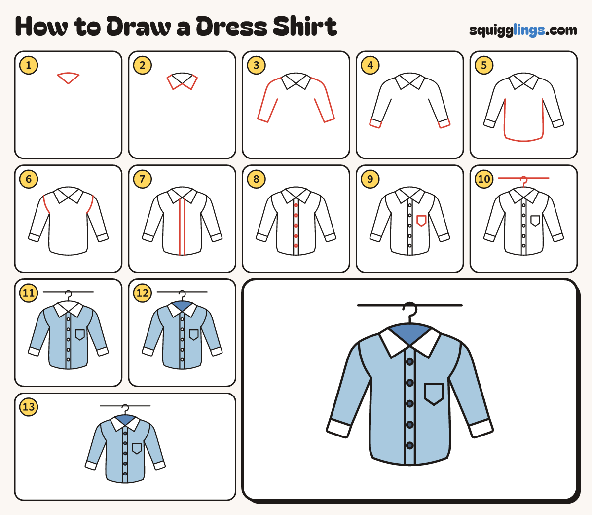 How to Draw a Dress Shirt step by step: all 13 steps in one picture
