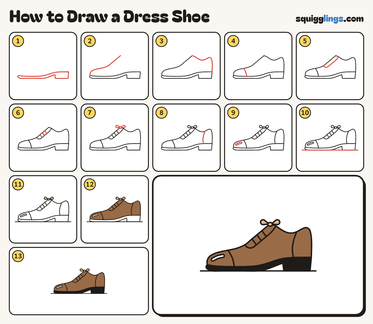 How to Draw a Dress Shoe step by step: all 13 steps in one picture