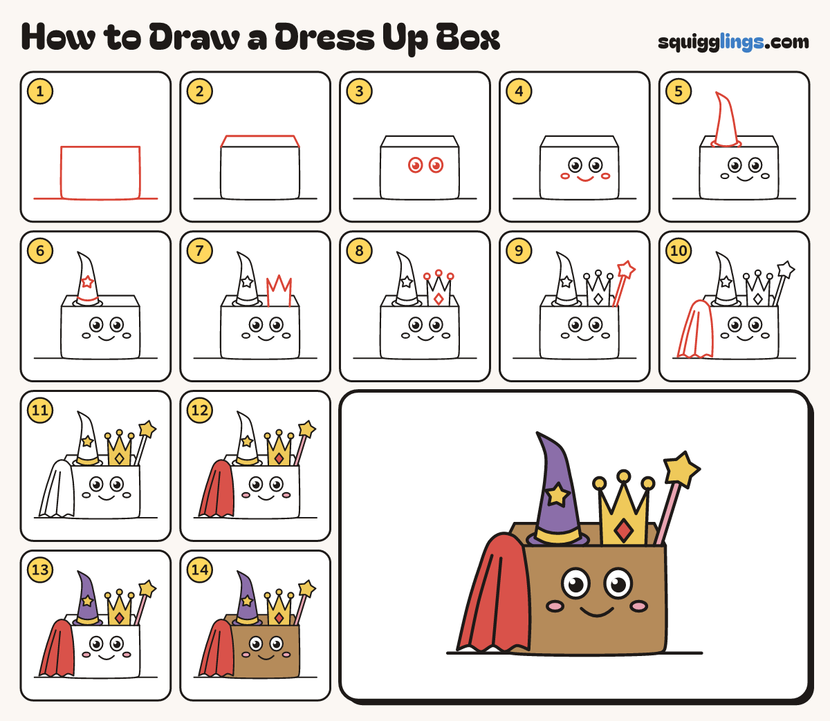 How to Draw a Dress Up Box step by step: all 14 steps in one picture