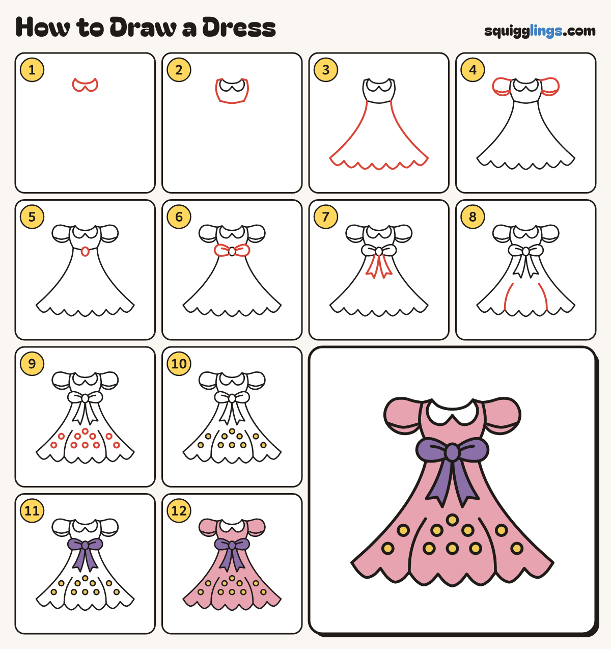 How to Draw a Dress step by step: all 12 steps in one picture