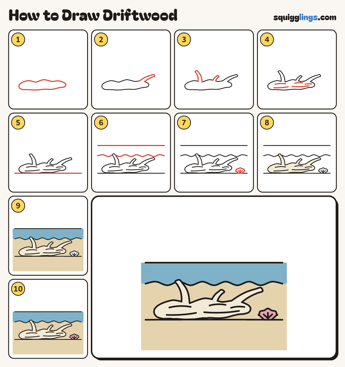 How to Draw Driftwood step by step: all 10 steps in one picture