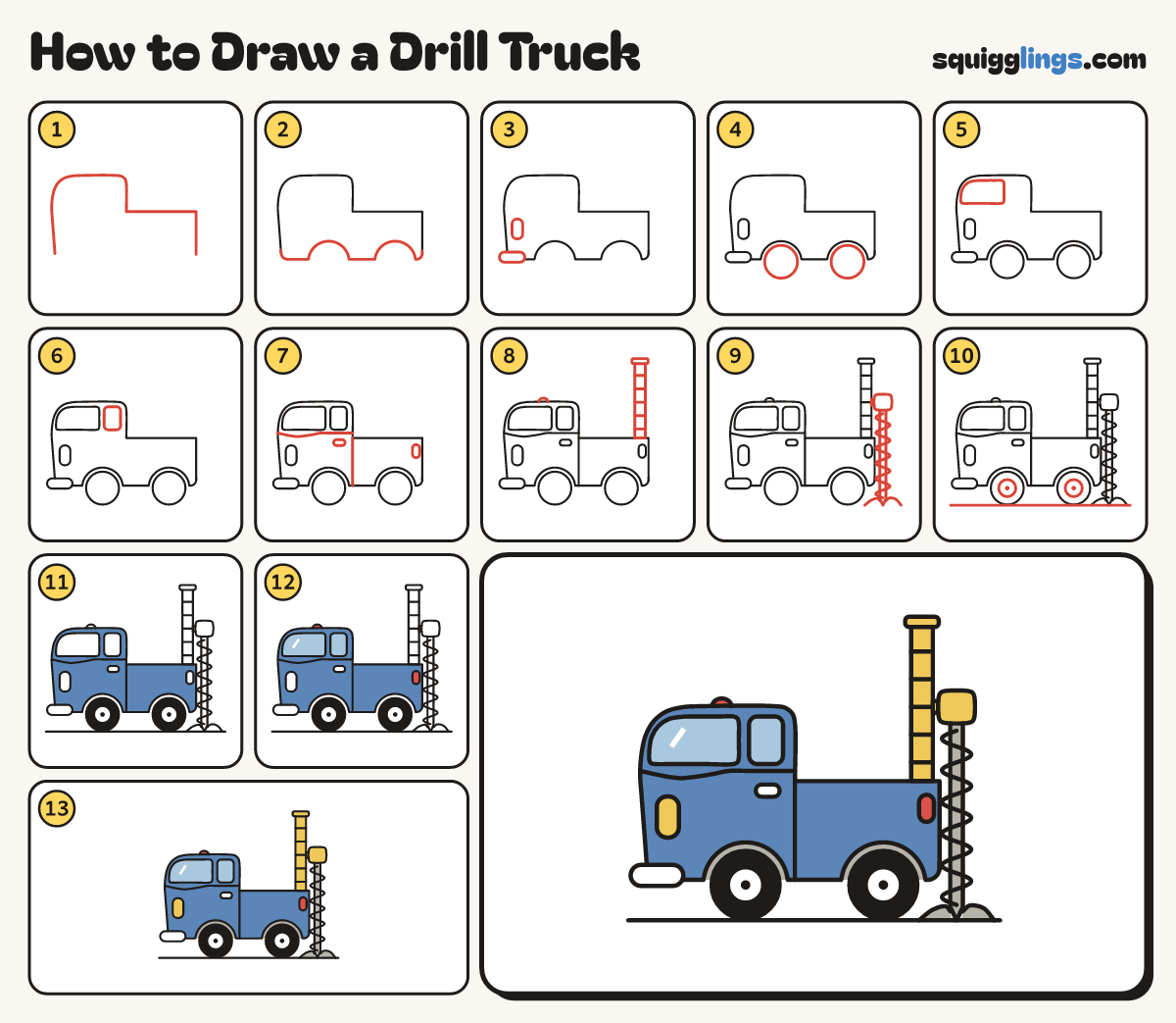 How to Draw a Drill Truck step by step: all 13 steps in one picture