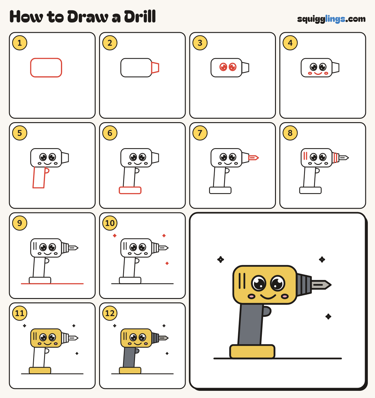 How to Draw a Drill step by step: all 12 steps in one picture