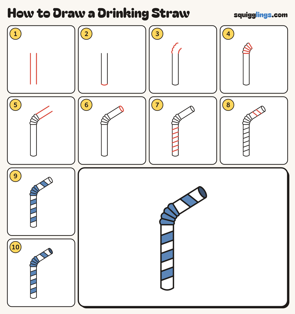 How to Draw a Drinking Straw step by step: all 10 steps in one picture