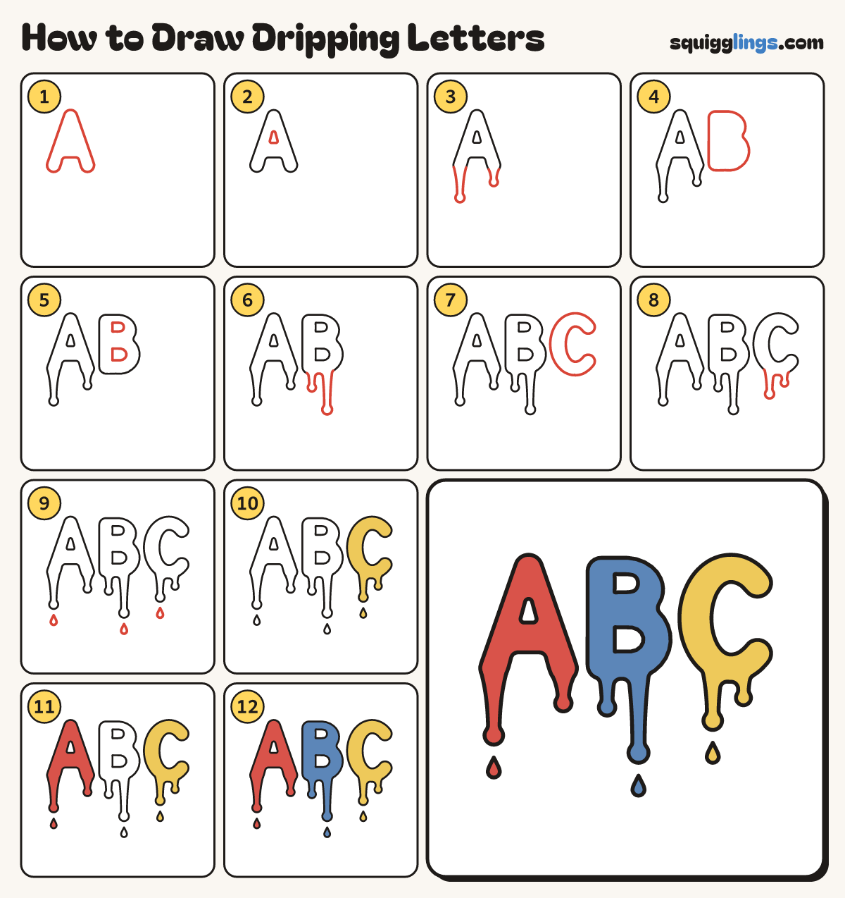 How to Draw Dripping Letters step by step: all 12 steps in one picture
