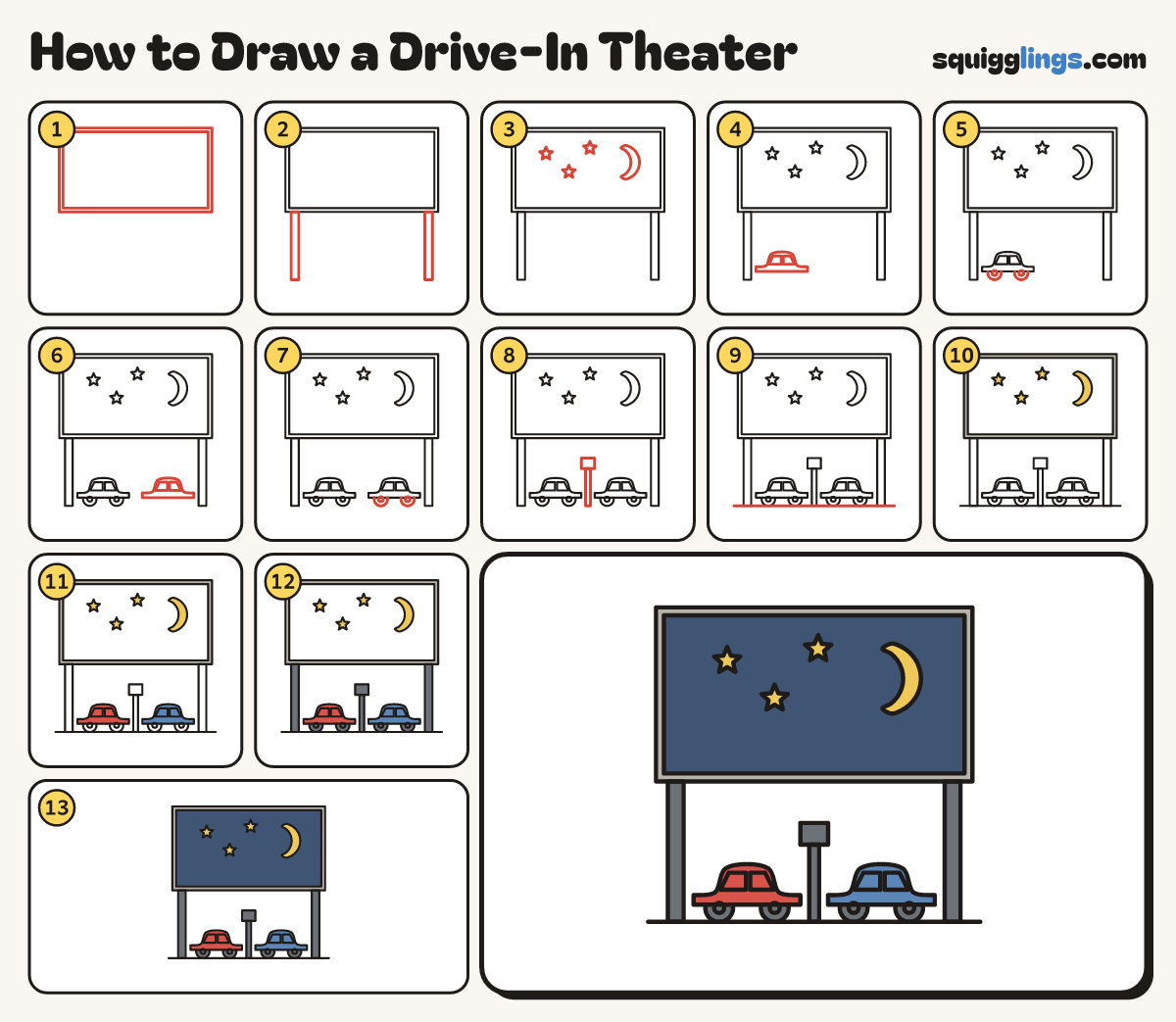 How to Draw a Drive-In Theater step by step: all 13 steps in one picture