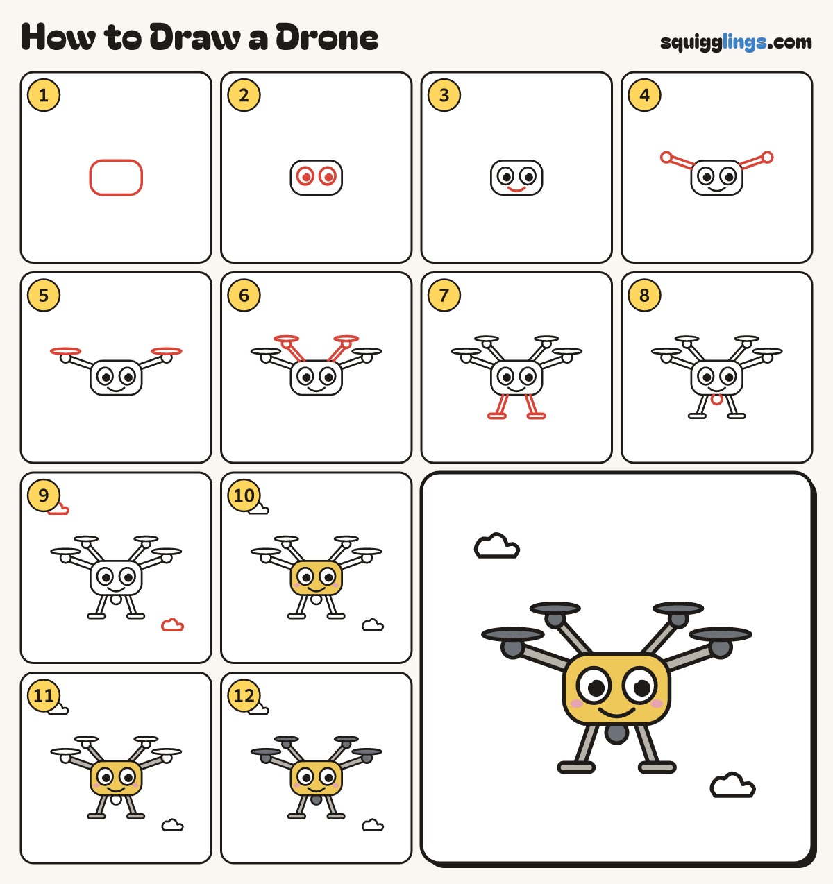How to Draw a Drone step by step: all 12 steps in one picture