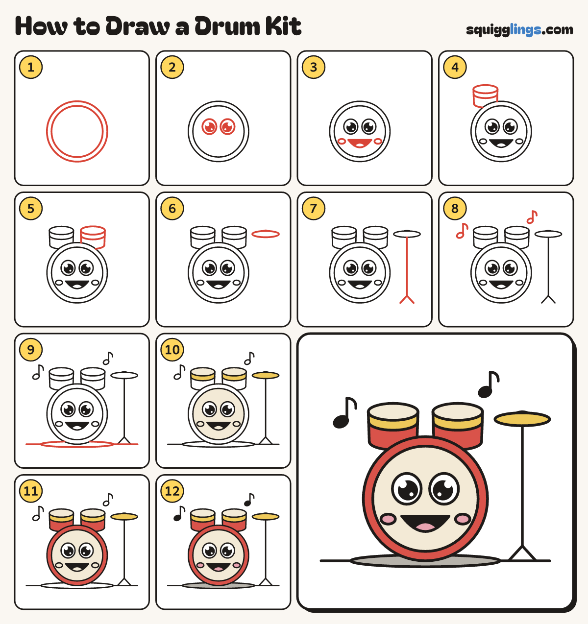How to Draw a Drum Kit step by step: all 12 steps in one picture