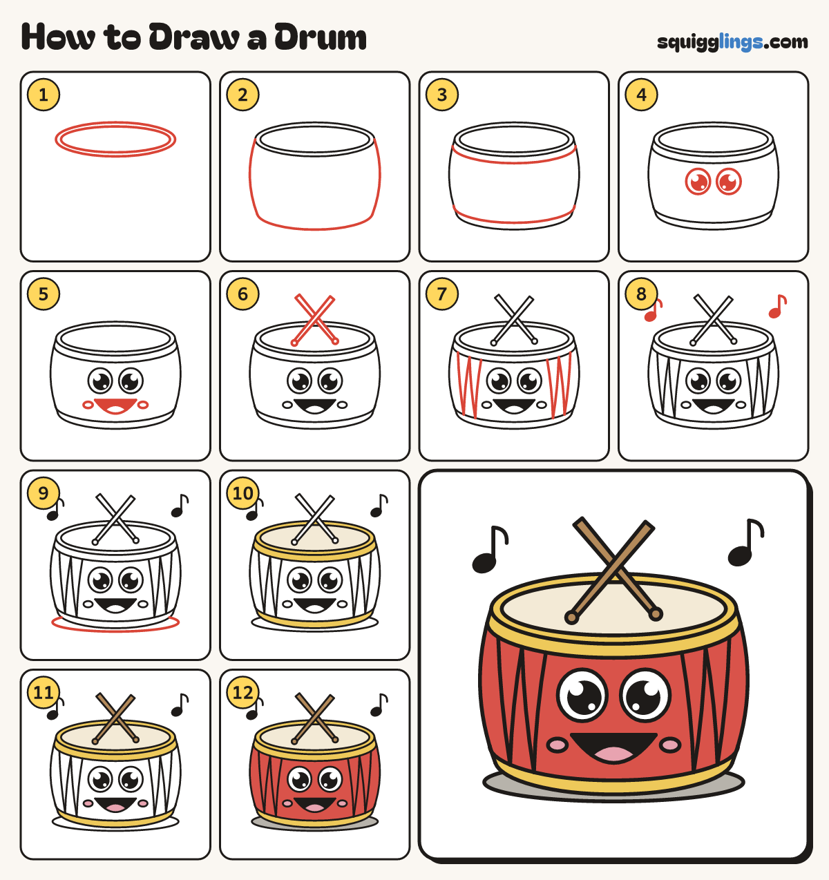 How to Draw a Drum step by step: all 12 steps in one picture