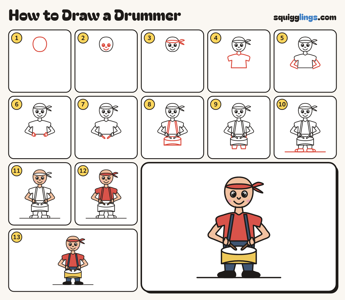 How to Draw a Drummer step by step: all 13 steps in one picture