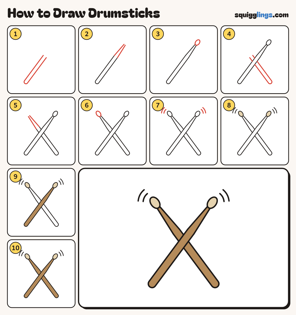 How to Draw Drumsticks step by step: all 10 steps in one picture
