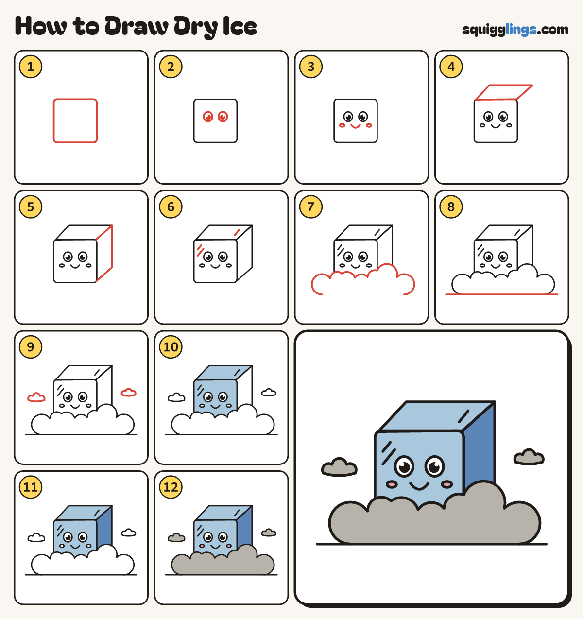 How to Draw Dry Ice step by step: all 12 steps in one picture