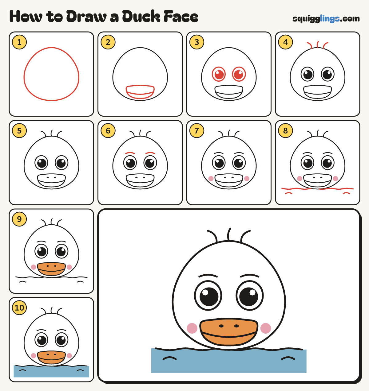 How to Draw a Duck Face step by step: all 10 steps in one picture