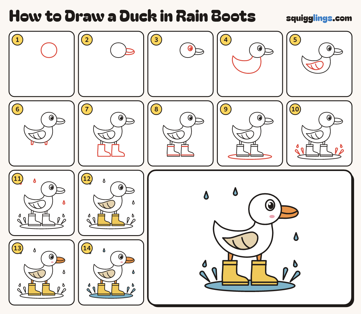 How to Draw a Duck in Rain Boots step by step: all 14 steps in one picture