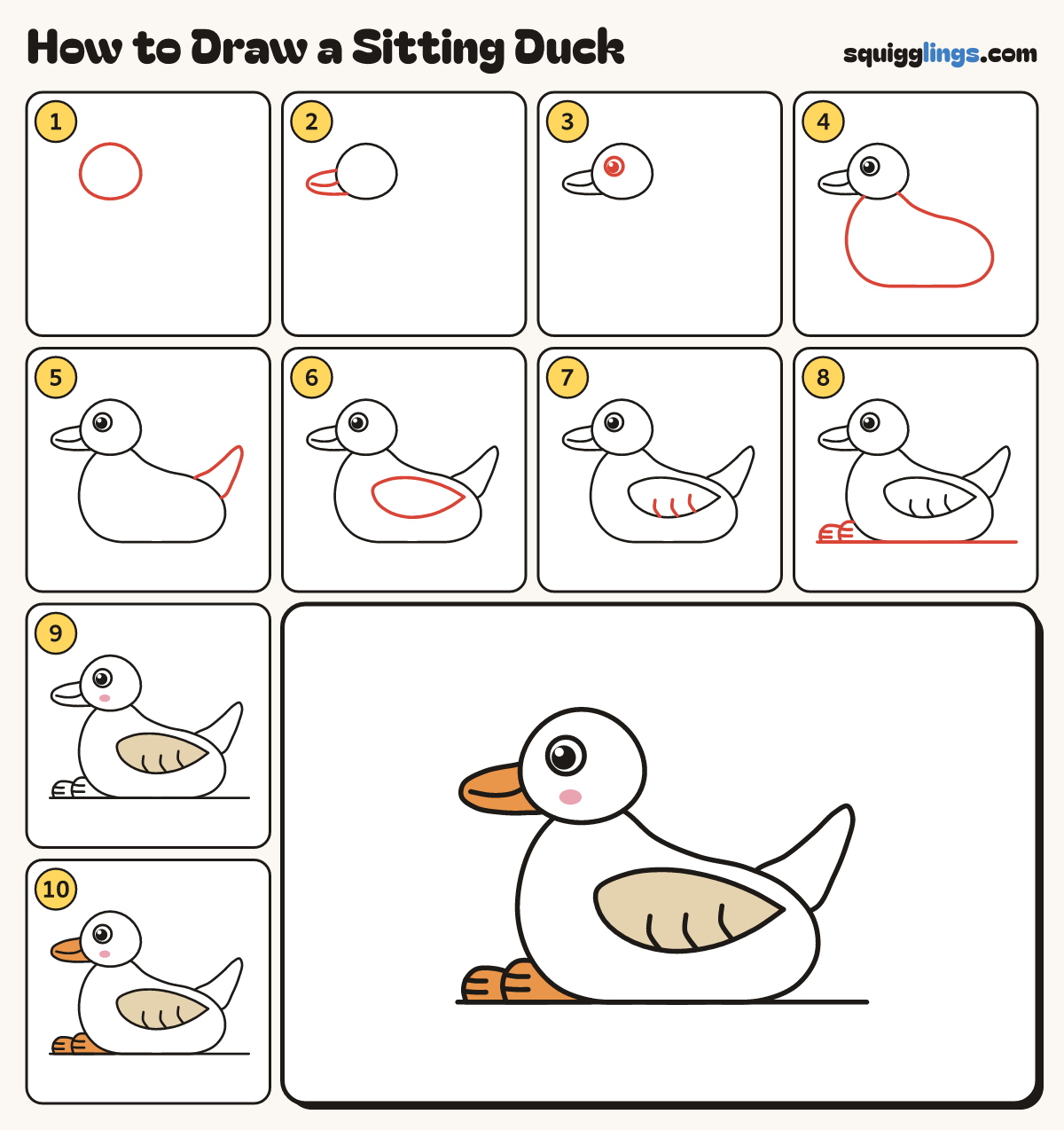 How to Draw a Sitting Duck step by step: all 10 steps in one picture