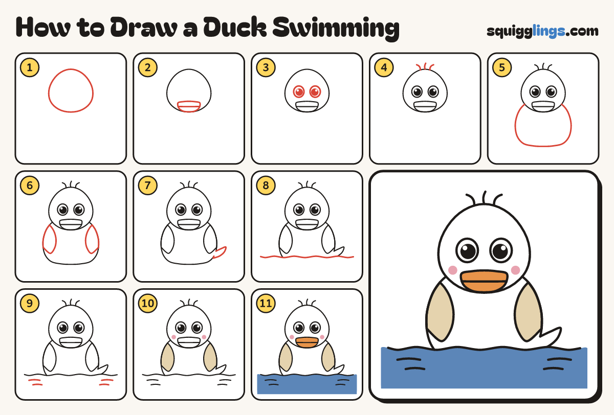 How to Draw a Duck Swimming step by step: all 11 steps in one picture