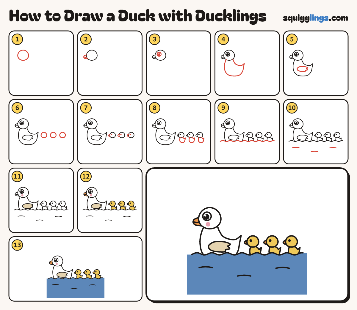 How to Draw a Duck with Ducklings step by step: all 13 steps in one picture