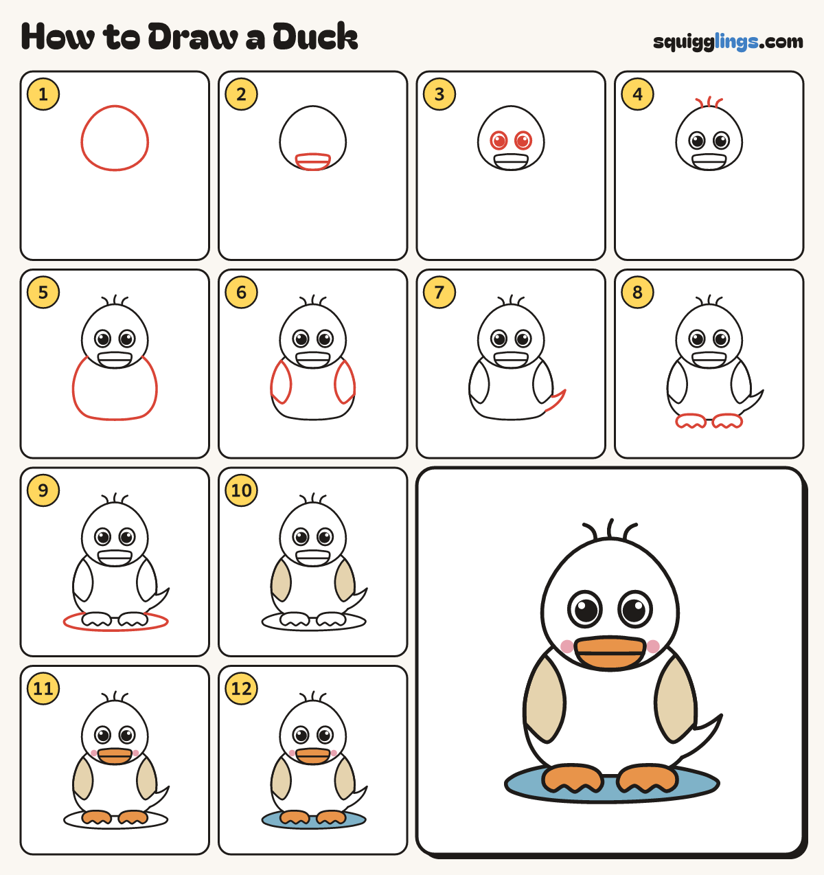 How to Draw a Duck step by step: all 12 steps in one picture