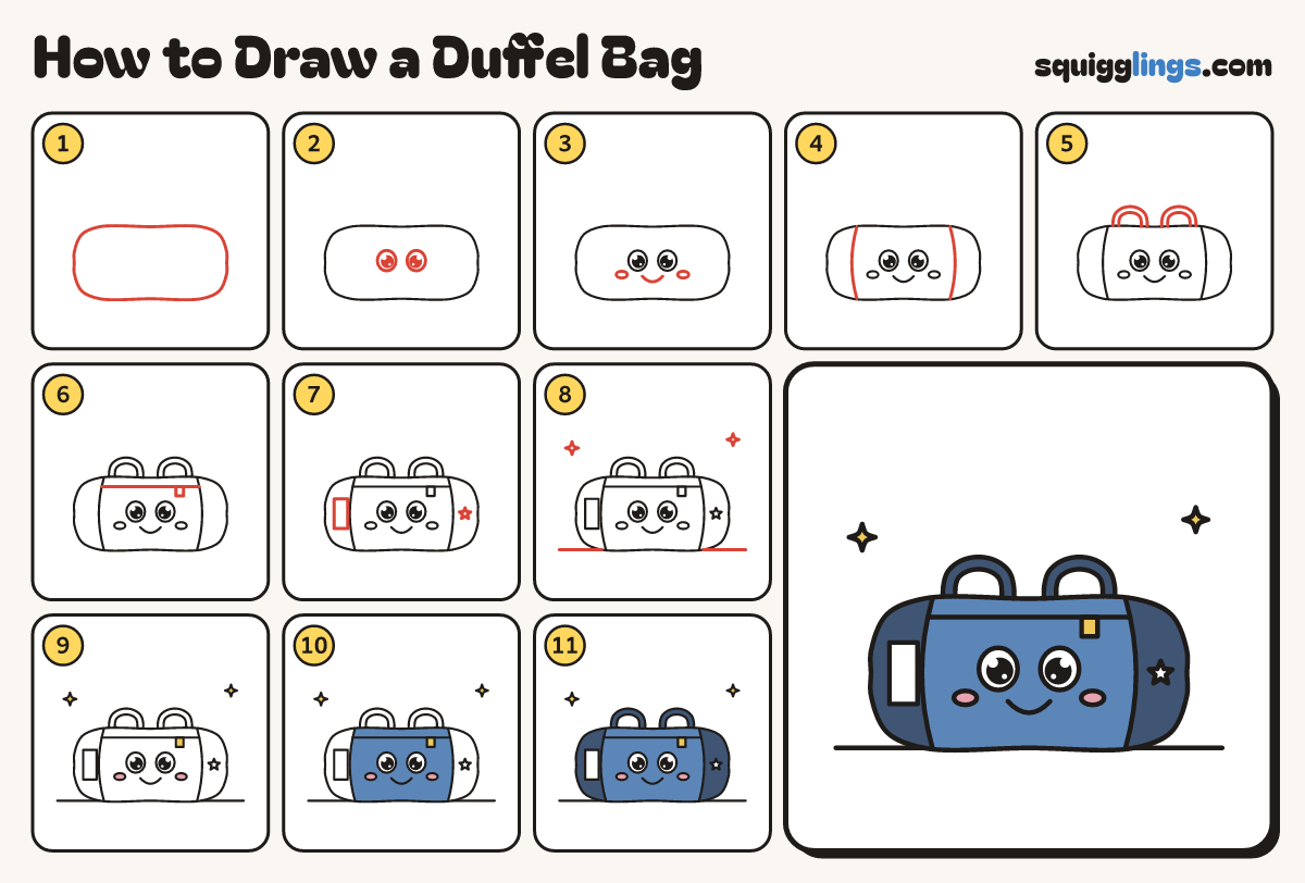 How to Draw a Duffel Bag step by step: all 11 steps in one picture